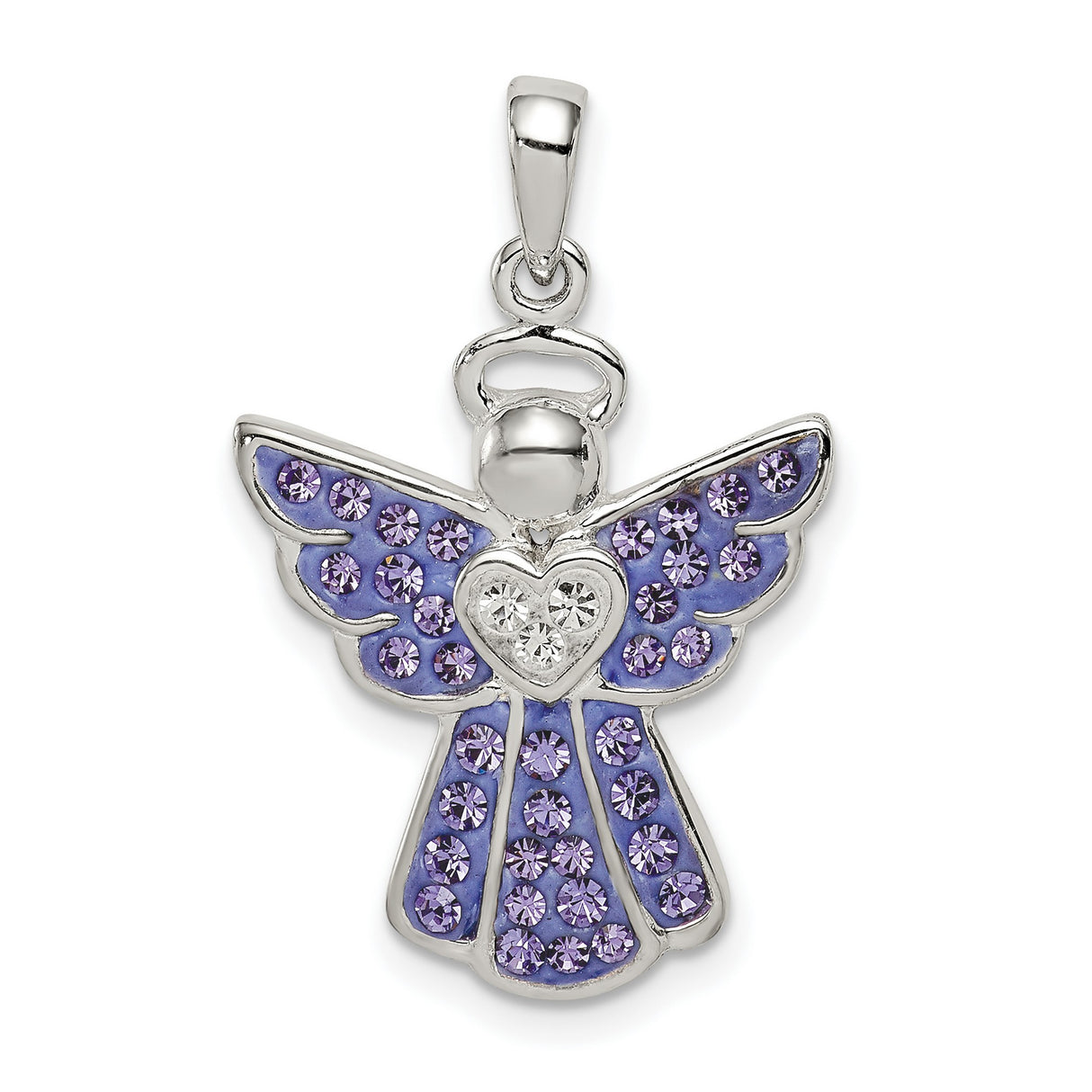 Sterling Silver Angel Pendant with Purple and Clear Crystals, Heart Centered Design for Women