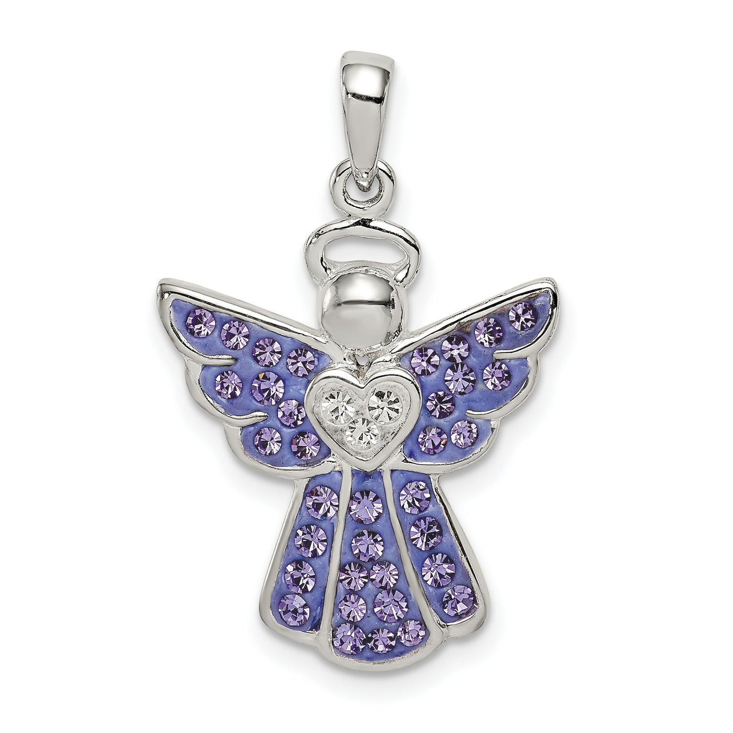Sterling Silver Angel Pendant with Purple and Clear Crystals, Heart Centered Design for Women