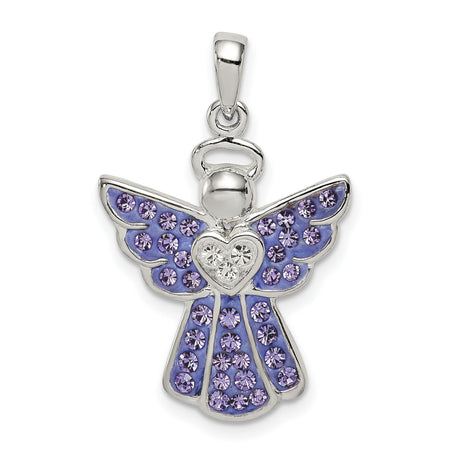 Sterling Silver Angel Pendant with Purple and Clear Crystals, Heart Centered Design for Women