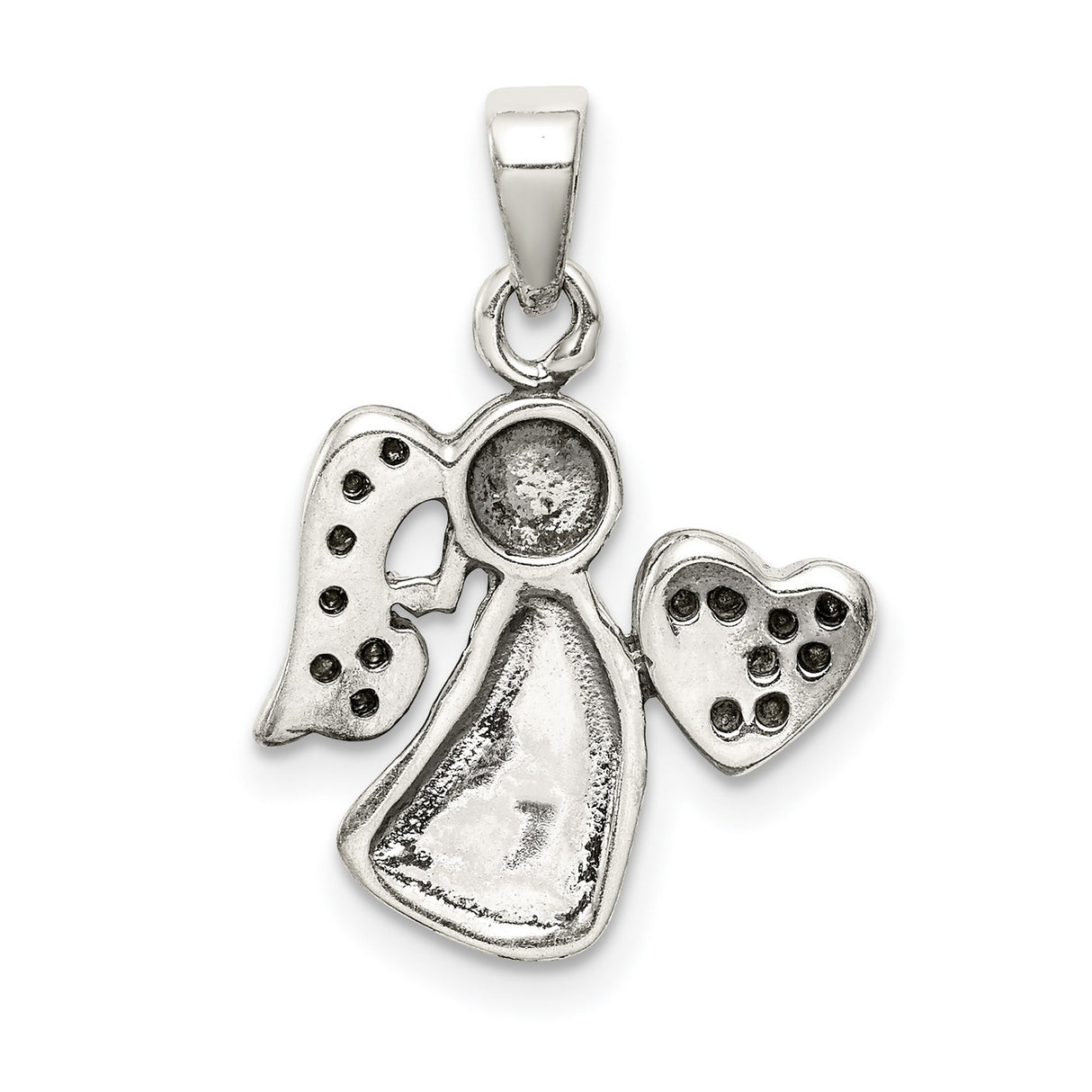 Sterling Silver Angel Pendant with Clear Crystal Wings and Heart Symbol for Women