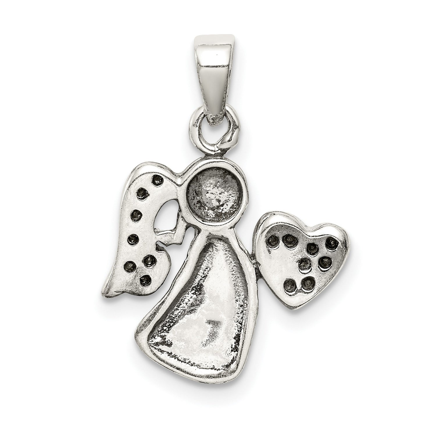 Sterling Silver Angel Pendant with Clear Crystal Wings and Heart Symbol for Women