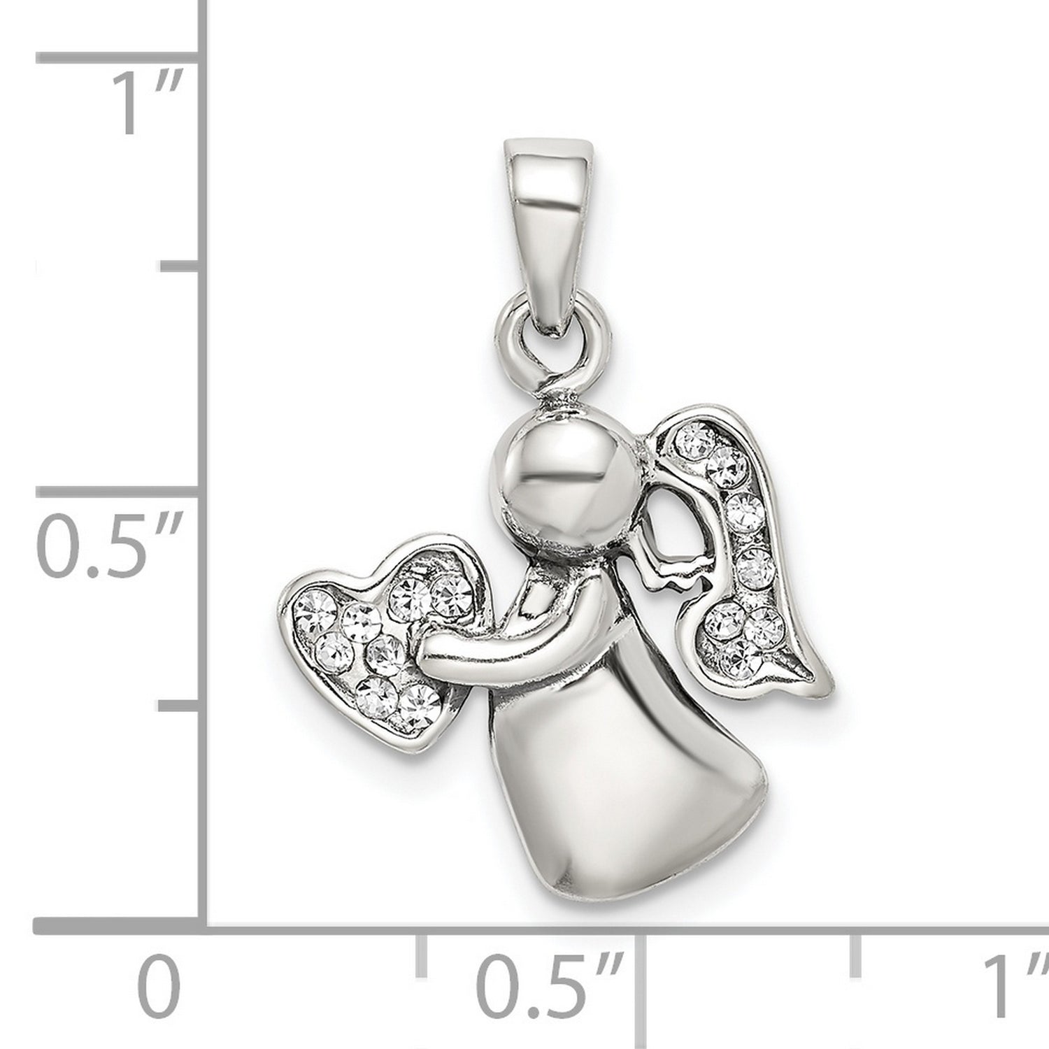 Sterling Silver Angel Pendant with Clear Crystal Wings and Heart Symbol for Women