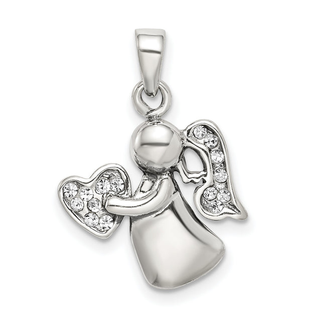 Sterling Silver Angel Pendant with Clear Crystal Wings and Heart Symbol for Women