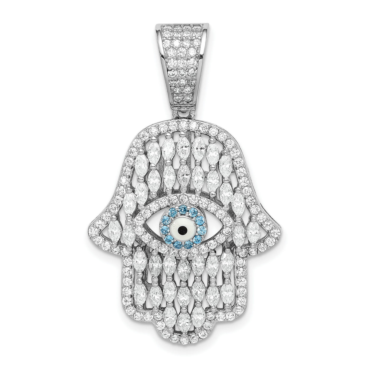 Sterling Silver Hamsa Hand Pendant with Cubic Zirconia and Blue Evil Eye Symbol