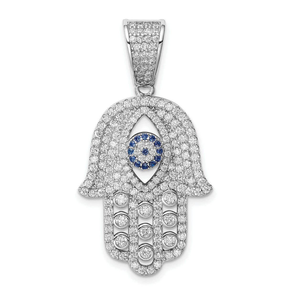 Sterling Silver Hamsa Pendant with Cubic Zirconia Evil Eye, Spiritual Protection Charm