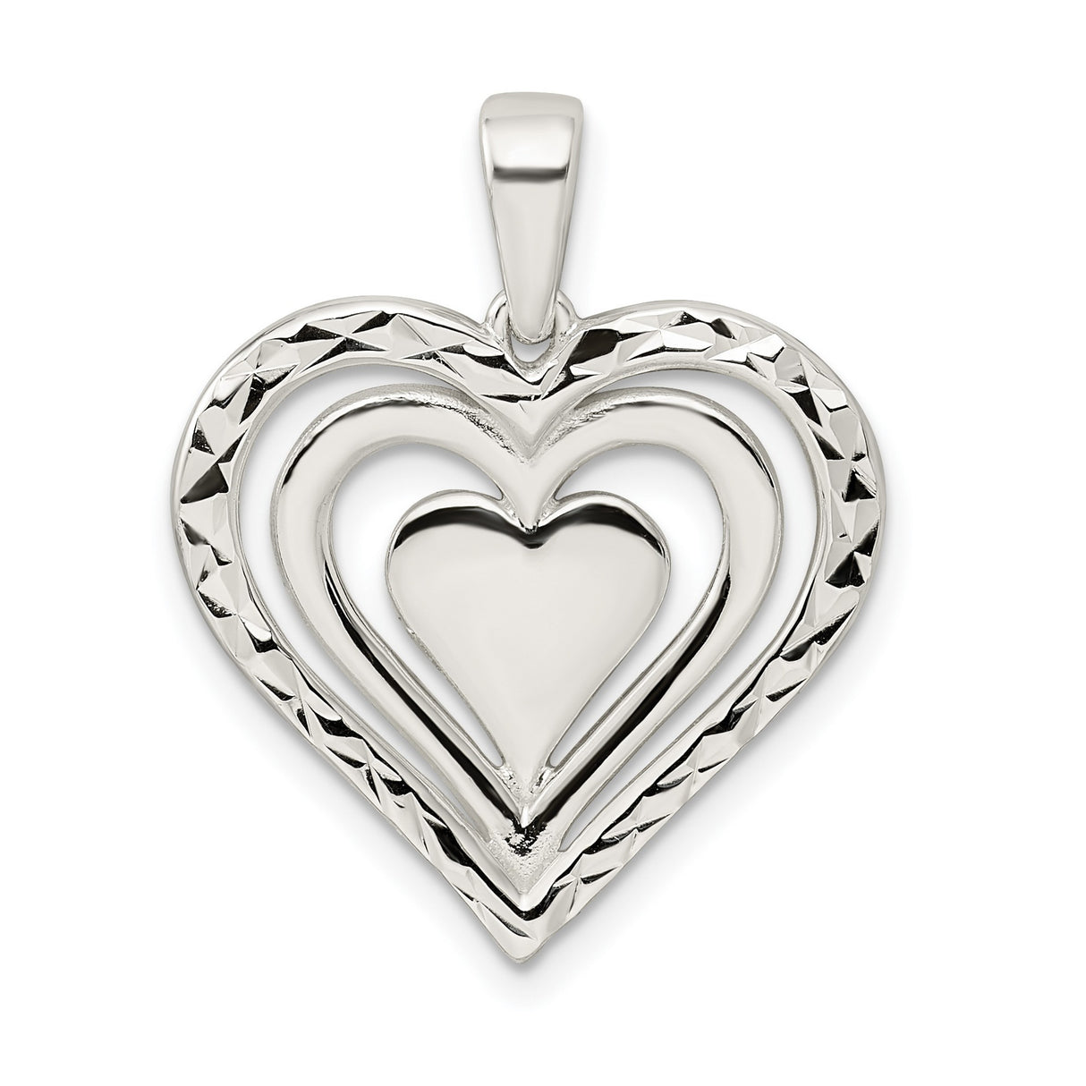 Sterling Silver Heart Pendant with Three Nested Open Hearts and Diamond Cut Finish