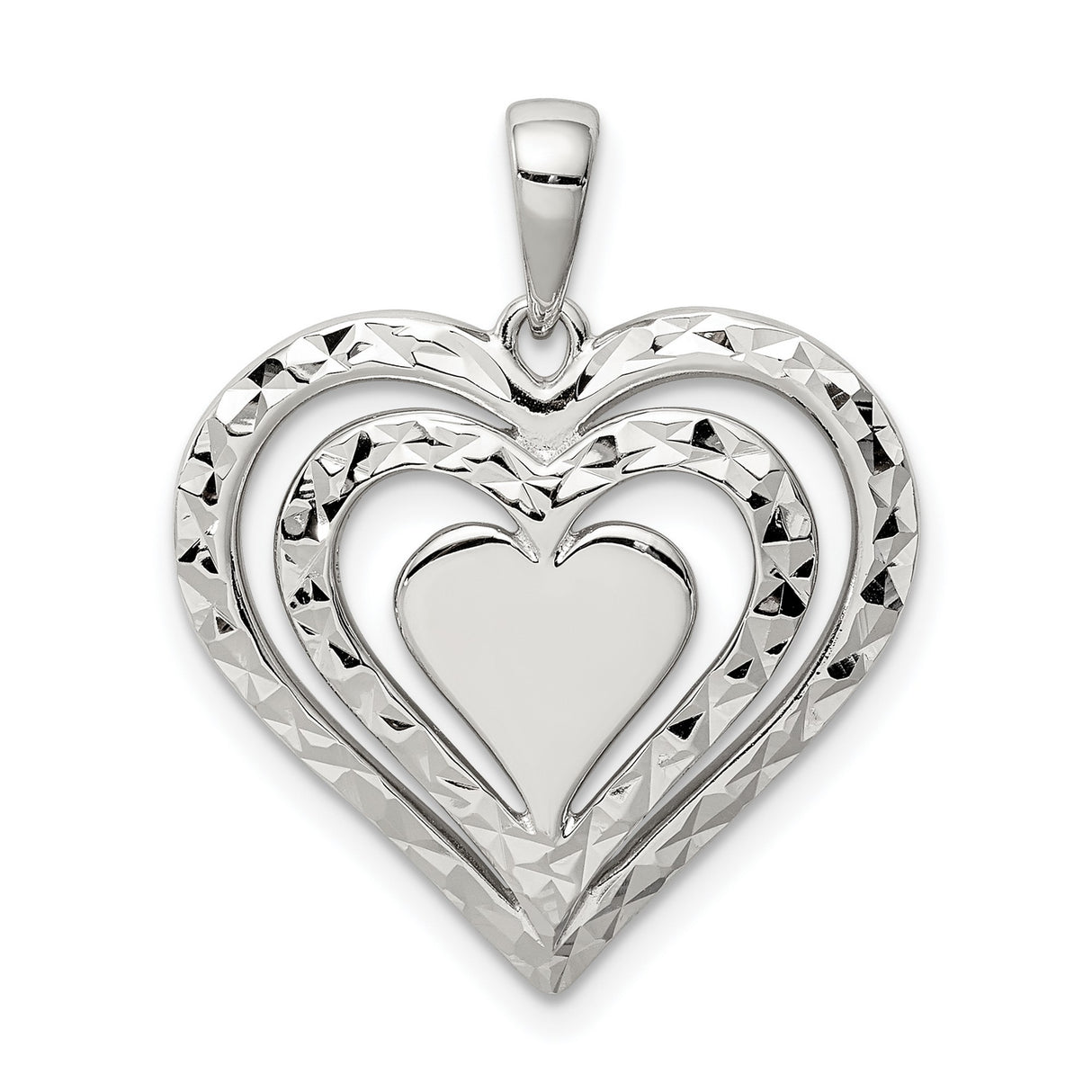 Sterling Silver Heart Pendant with Three Nested Open Hearts and Diamond Cut Finish
