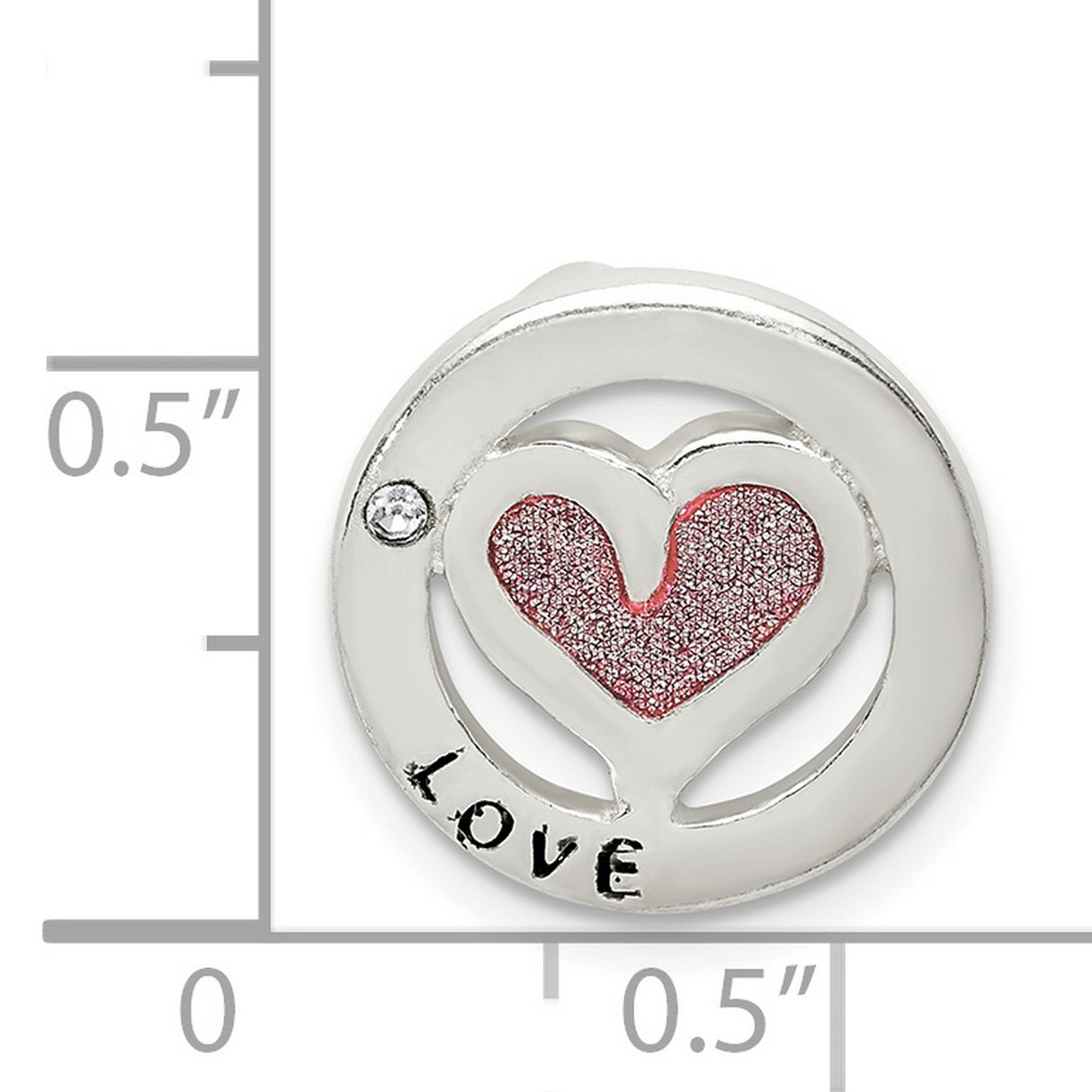 Sterling Silver Heart Charm Pendant with Pink Glitter, LOVE Engraving, Clear Crystal Accent