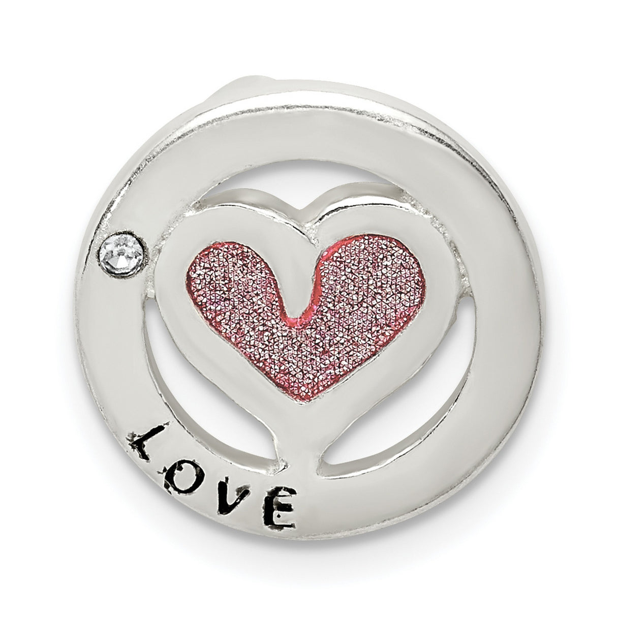 Sterling Silver Heart Charm Pendant with Pink Glitter, LOVE Engraving, Clear Crystal Accent