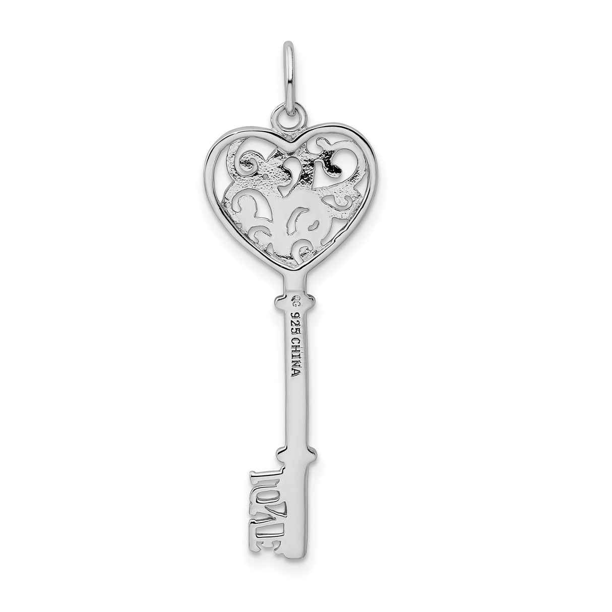 Sterling Silver Heart Key Pendant with Cubic Zirconia Accents and Scrollwork for Women