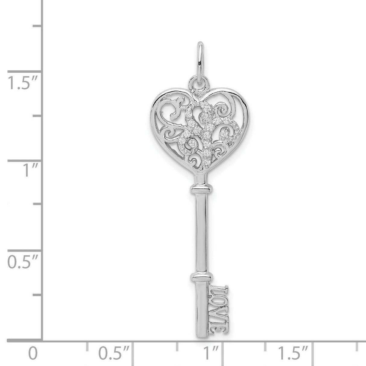 Sterling Silver Heart Key Pendant with Cubic Zirconia Accents and Scrollwork for Women