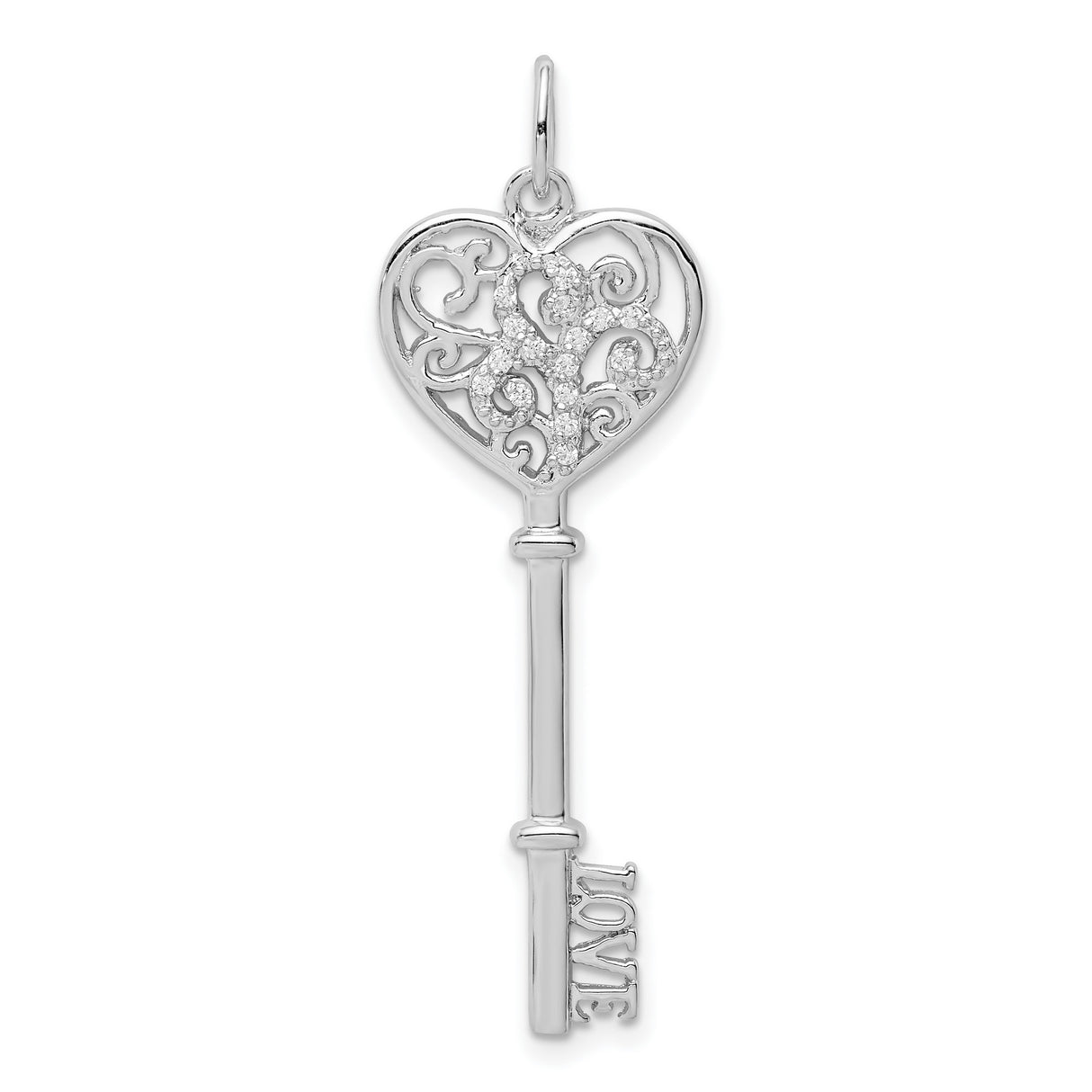 Sterling Silver Heart Key Pendant with Cubic Zirconia Accents and Scrollwork for Women