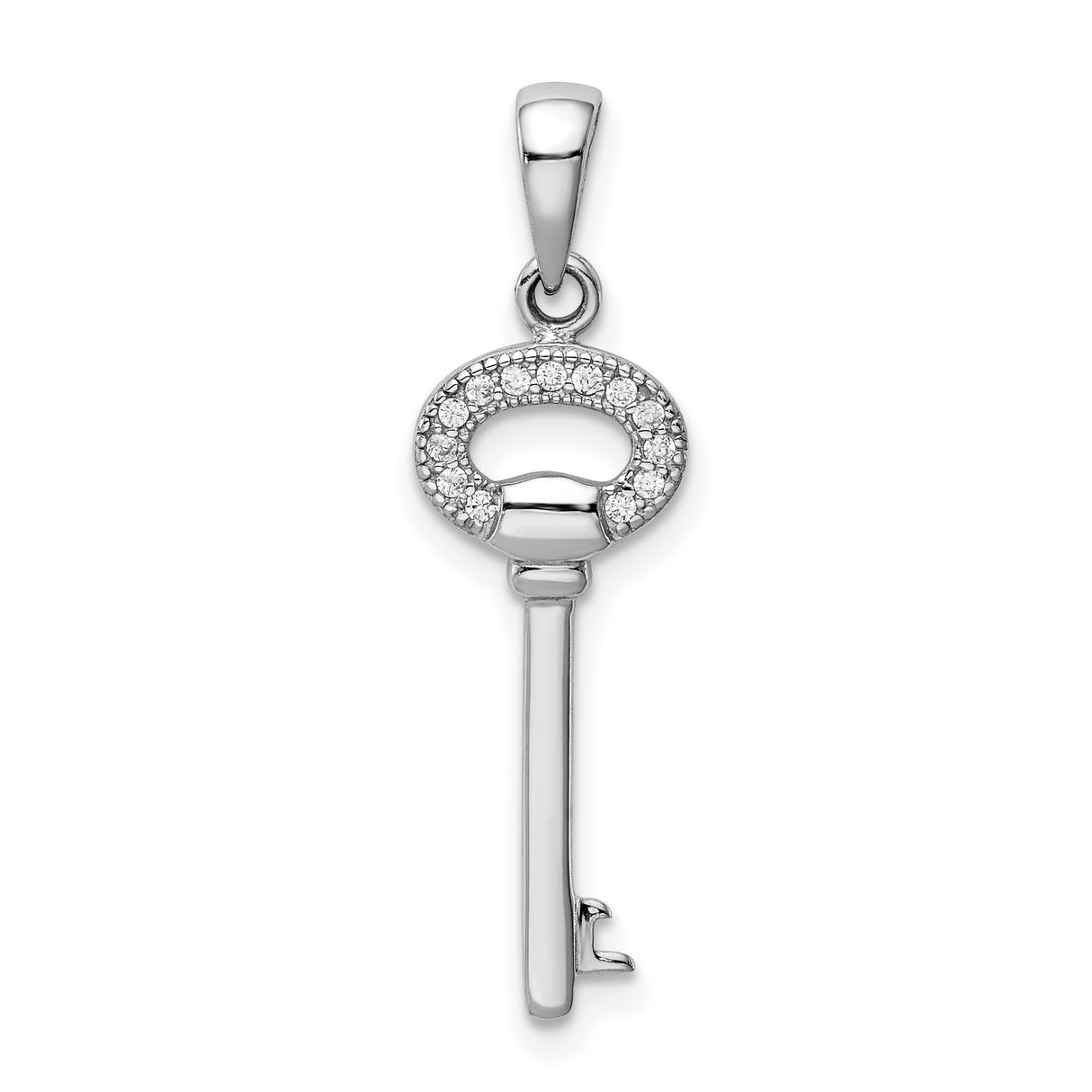 Sterling Silver Key Pendant with Cubic Zirconia Accents, Classic Skeleton Key Design for Women