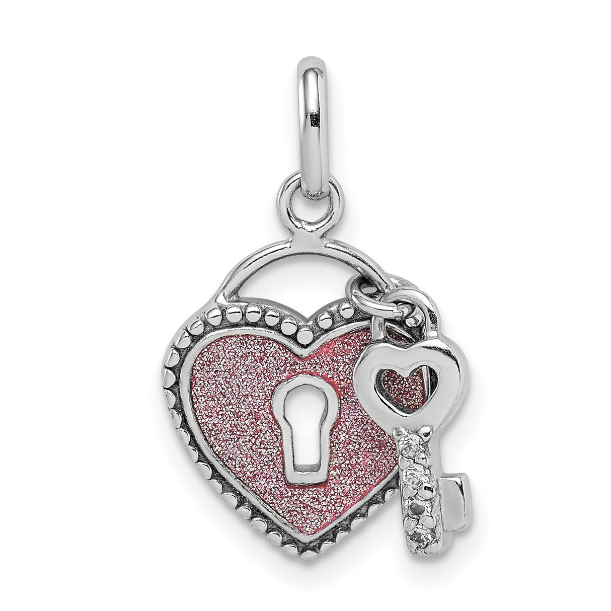 Sterling Silver Heart Pendant with Pink Glitter Enamel and Key Charm, Romantic Jewelry for Women