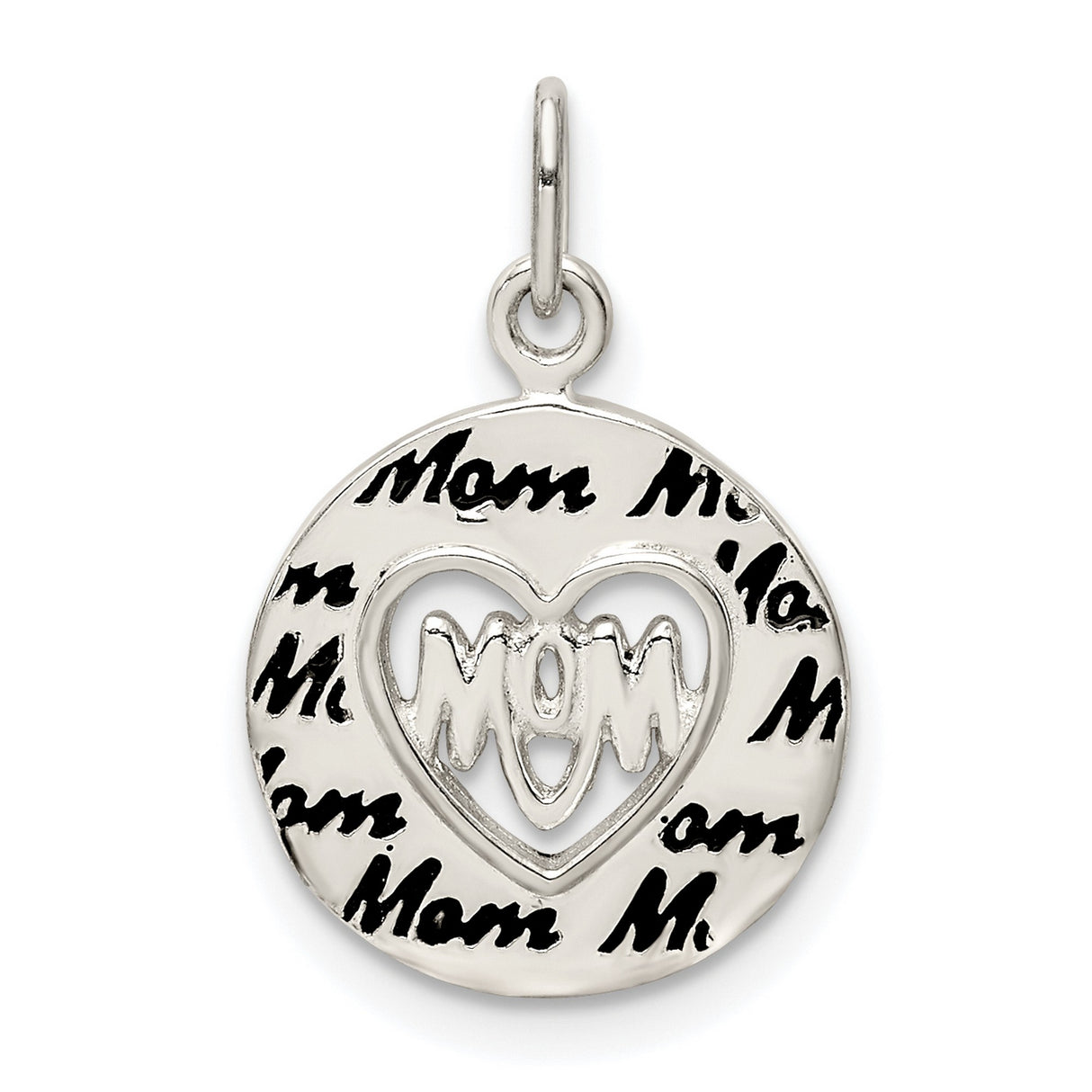 Sterling Silver Mom Pendant with Heart Cutout and Script Disc Charm