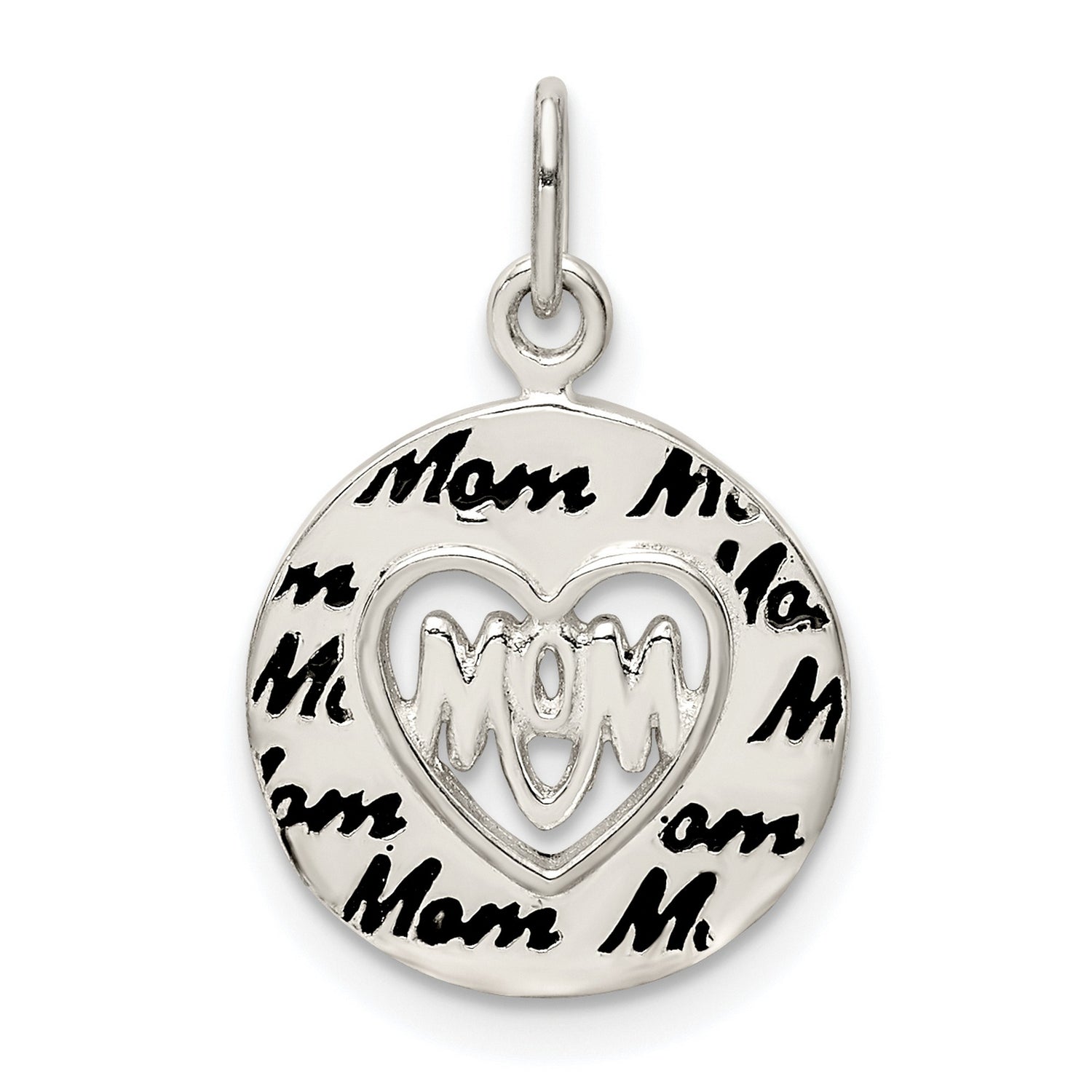 Sterling Silver Mom Pendant with Heart Cutout and Script Disc Charm