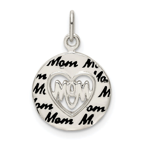 Sterling Silver Mom Pendant with Heart Cutout and Script Disc Charm