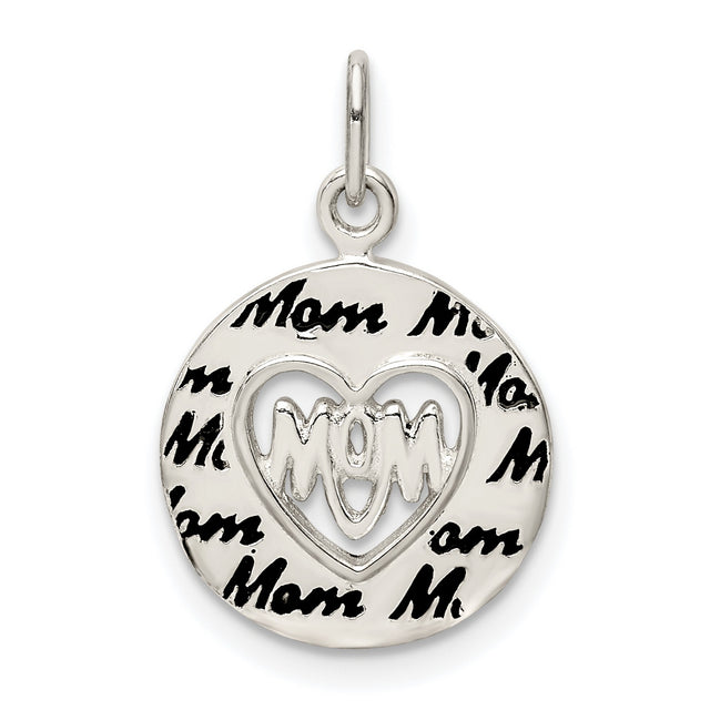 Sterling Silver Mom Pendant with Heart Cutout and Script Disc Charm