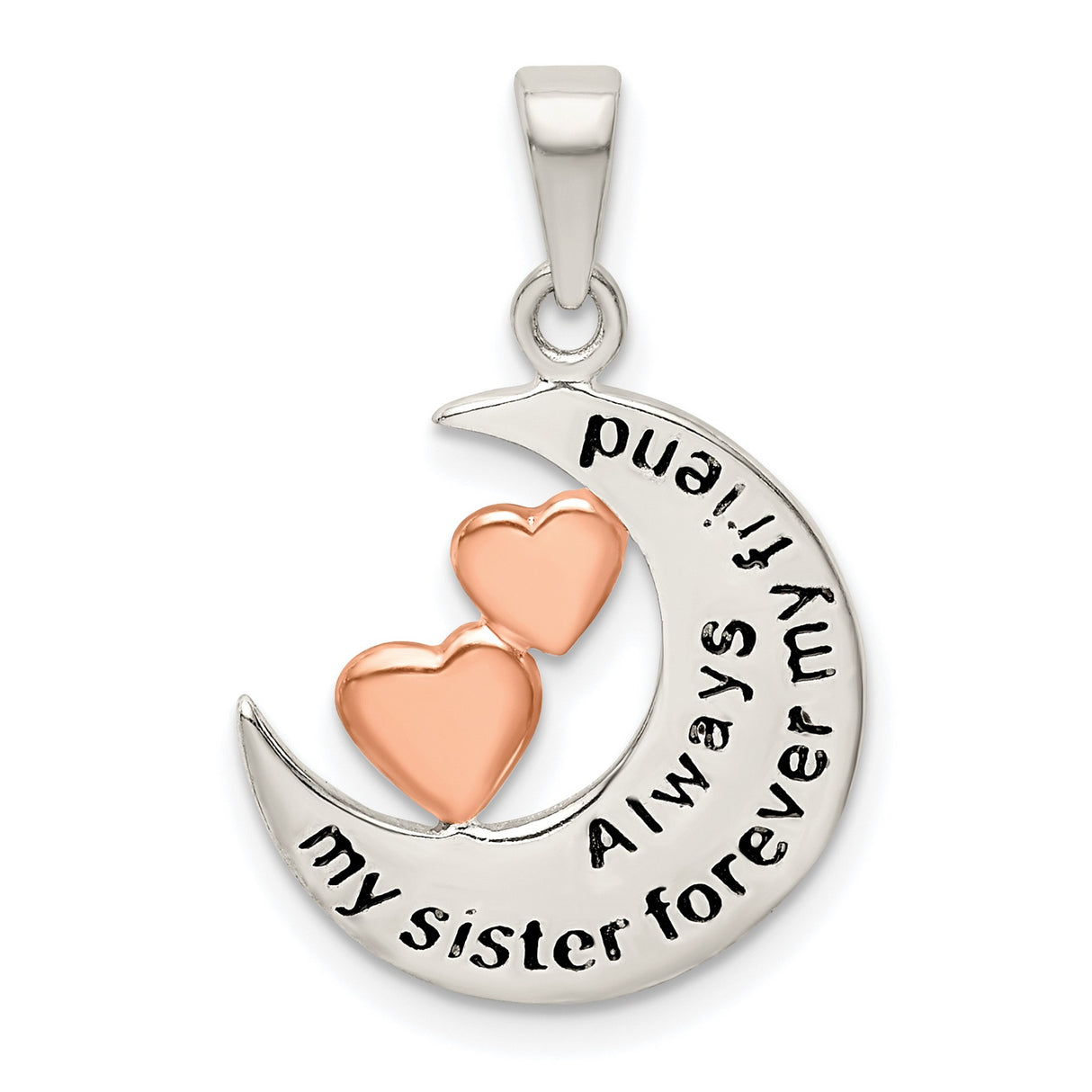 Sterling Silver Pendant with Crescent Moon and Rose Gold Hearts, Sister Friendship Charm