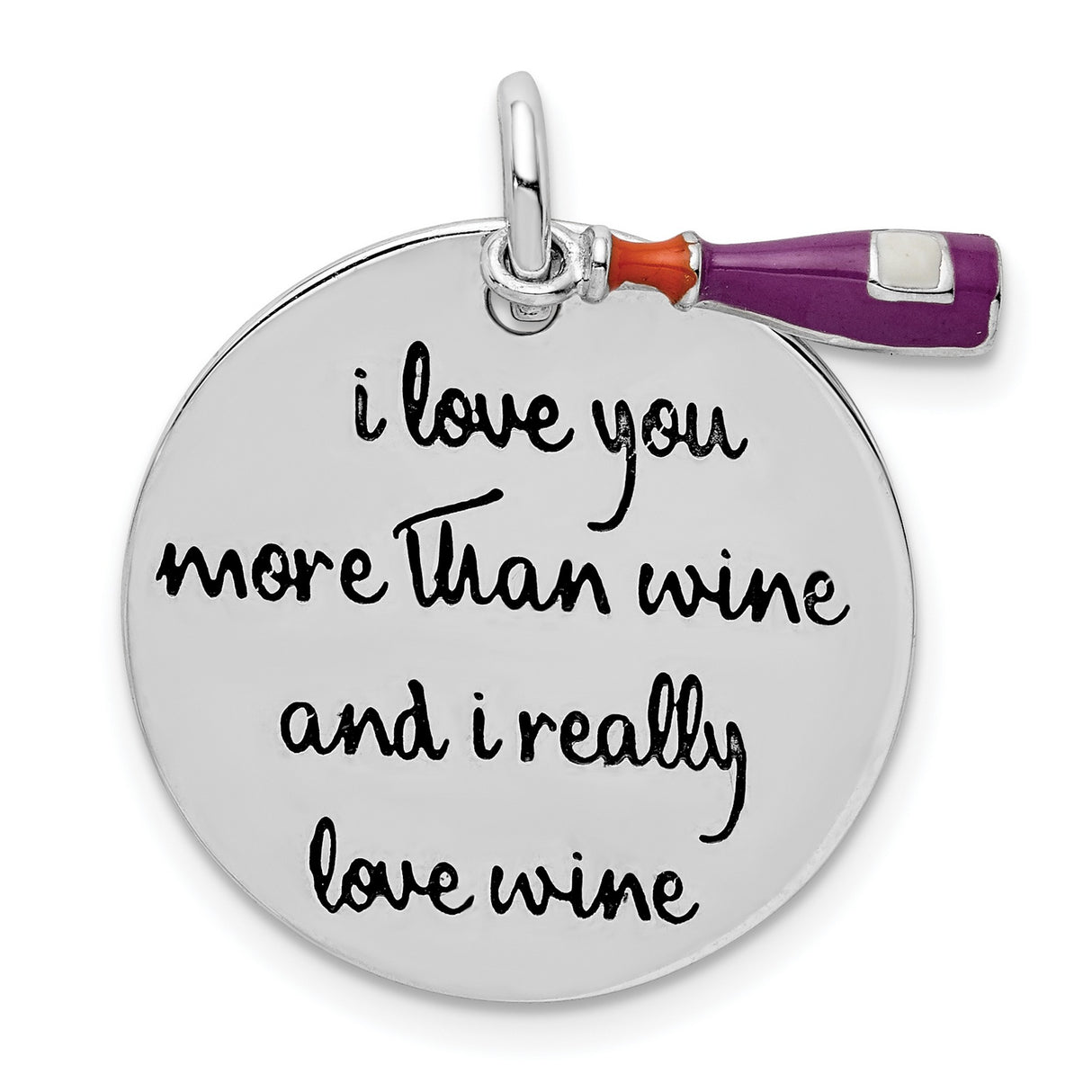 Sterling Silver Wine Pendant with Enamel Bottle Detail, Love You More Than Wine Theme