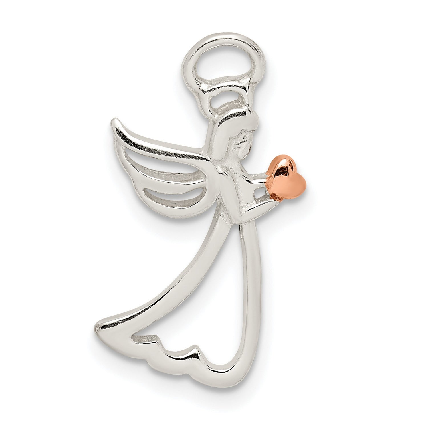 Sterling Silver Angel Pendant with Rose Gold Heart, Openwork Guardian Angel Design for Women