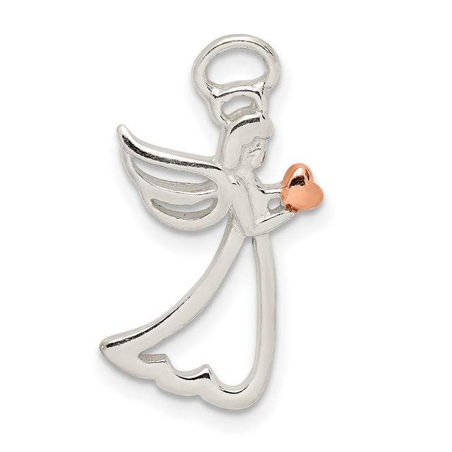 Sterling Silver Angel Pendant with Rose Gold Heart, Openwork Guardian Angel Design for Women