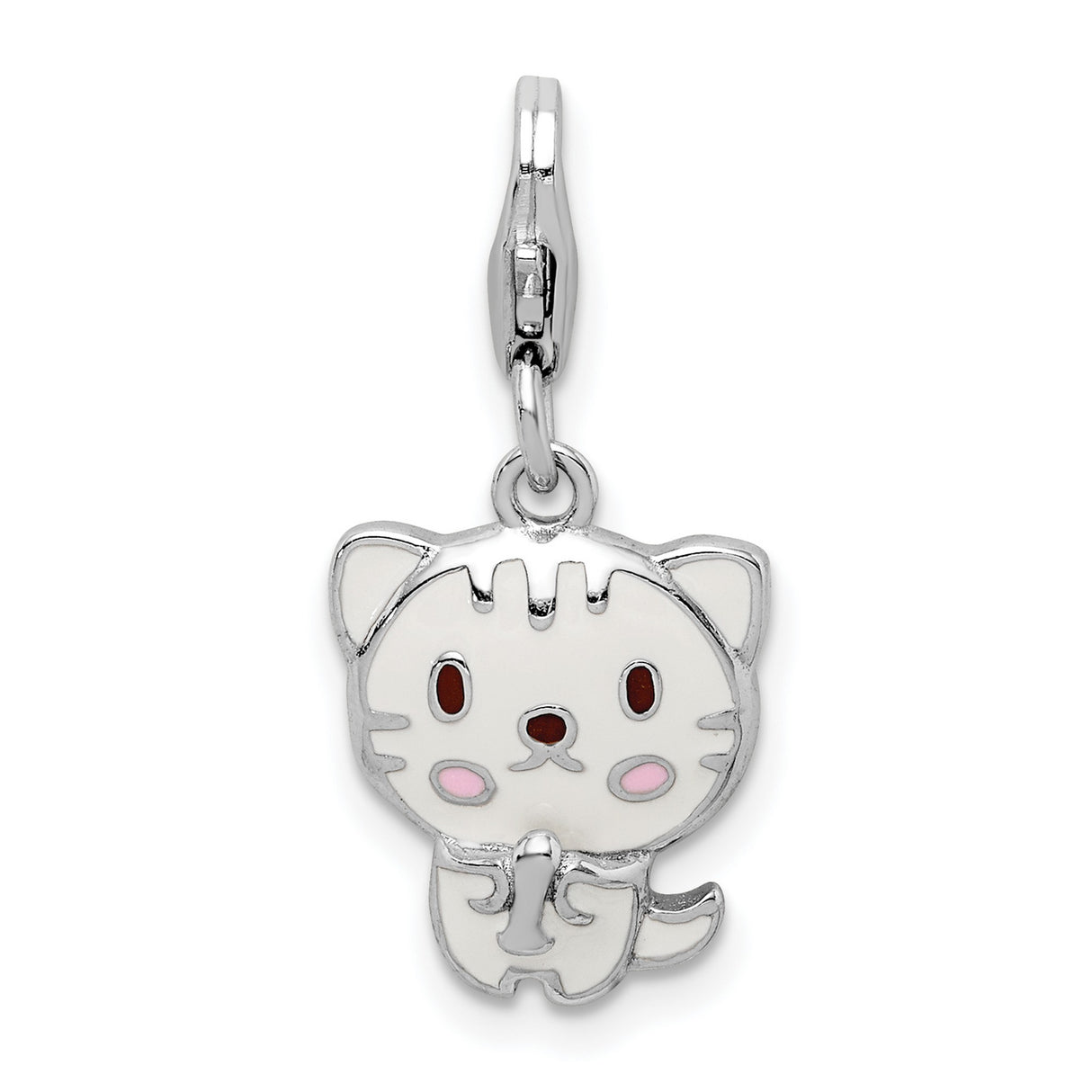 Sterling Silver Cat Charm with Enamel, Cartoon Kitten Pendant with Lobster Clasp