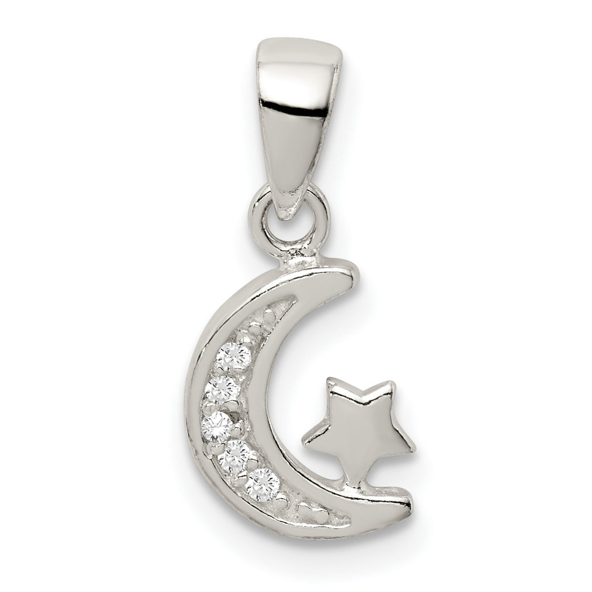 Sterling Silver Crescent Moon and Star Pendant with Cubic Zirconia, Celestial Jewelry for Women