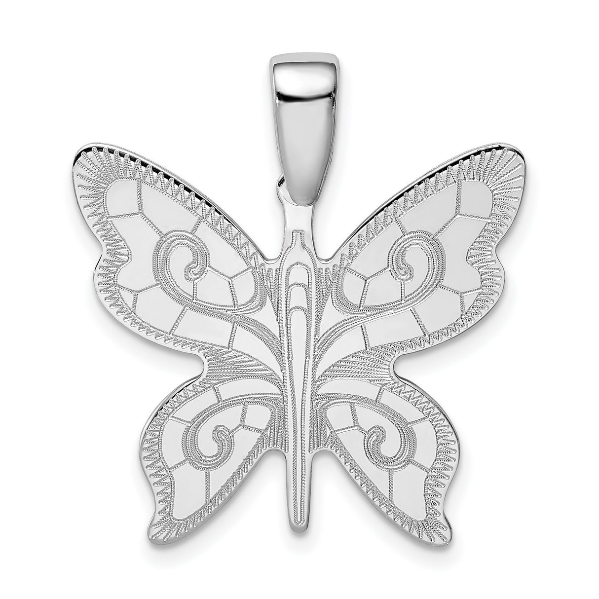 Sterling Silver Butterfly Pendant with Mosaic Wing Design and Scroll Detailing