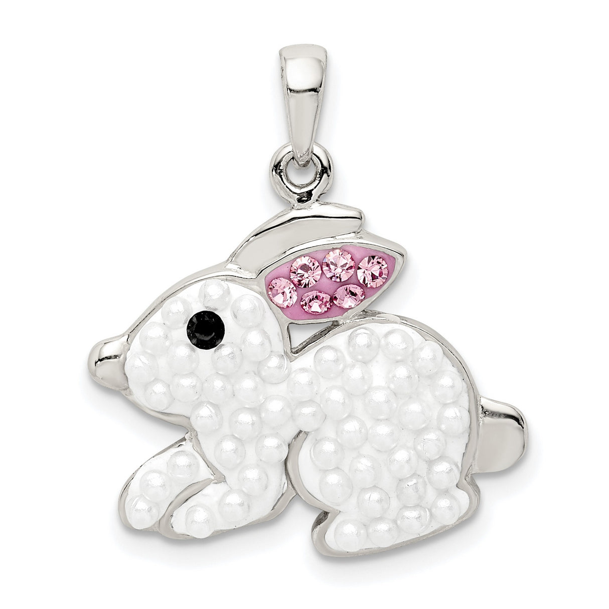 Sterling Silver Bunny Pendant with Simulated Pearl and Pink Crystal Ears