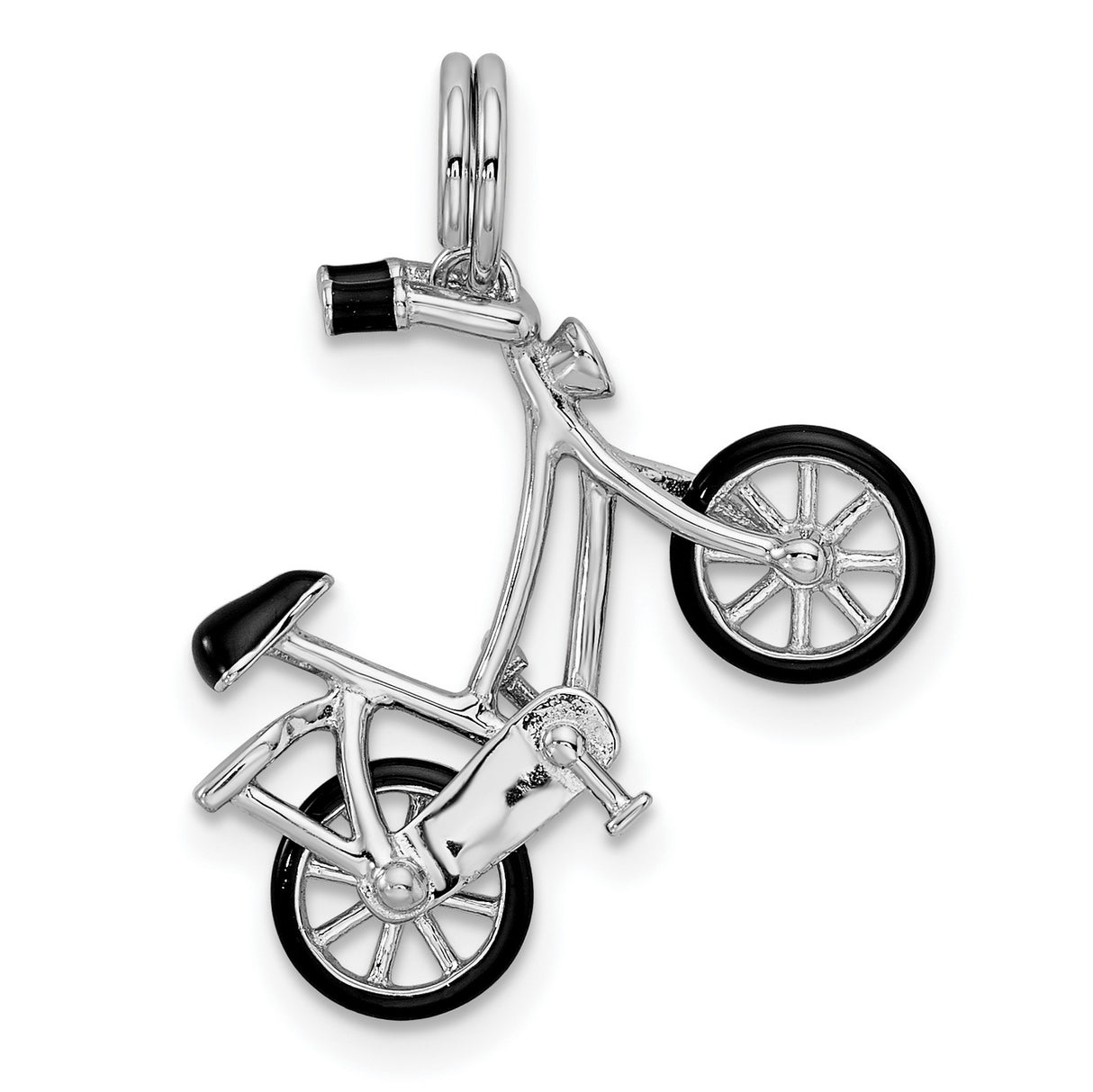 Sterling Silver Bicycle Charm Pendant with Black Enamel and Yellow Headlight Detail