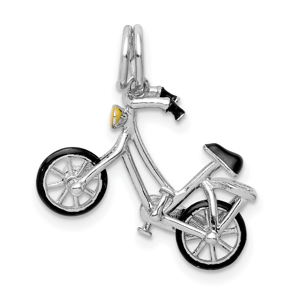 Sterling Silver Bicycle Charm Pendant with Black Enamel and Yellow Headlight Detail