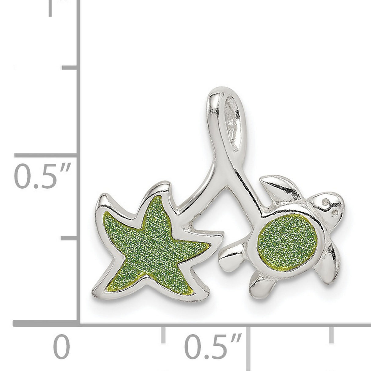 Sterling Silver Sea Turtle and Starfish Pendant with Green Glitter Enamel, Nautical Ocean Theme