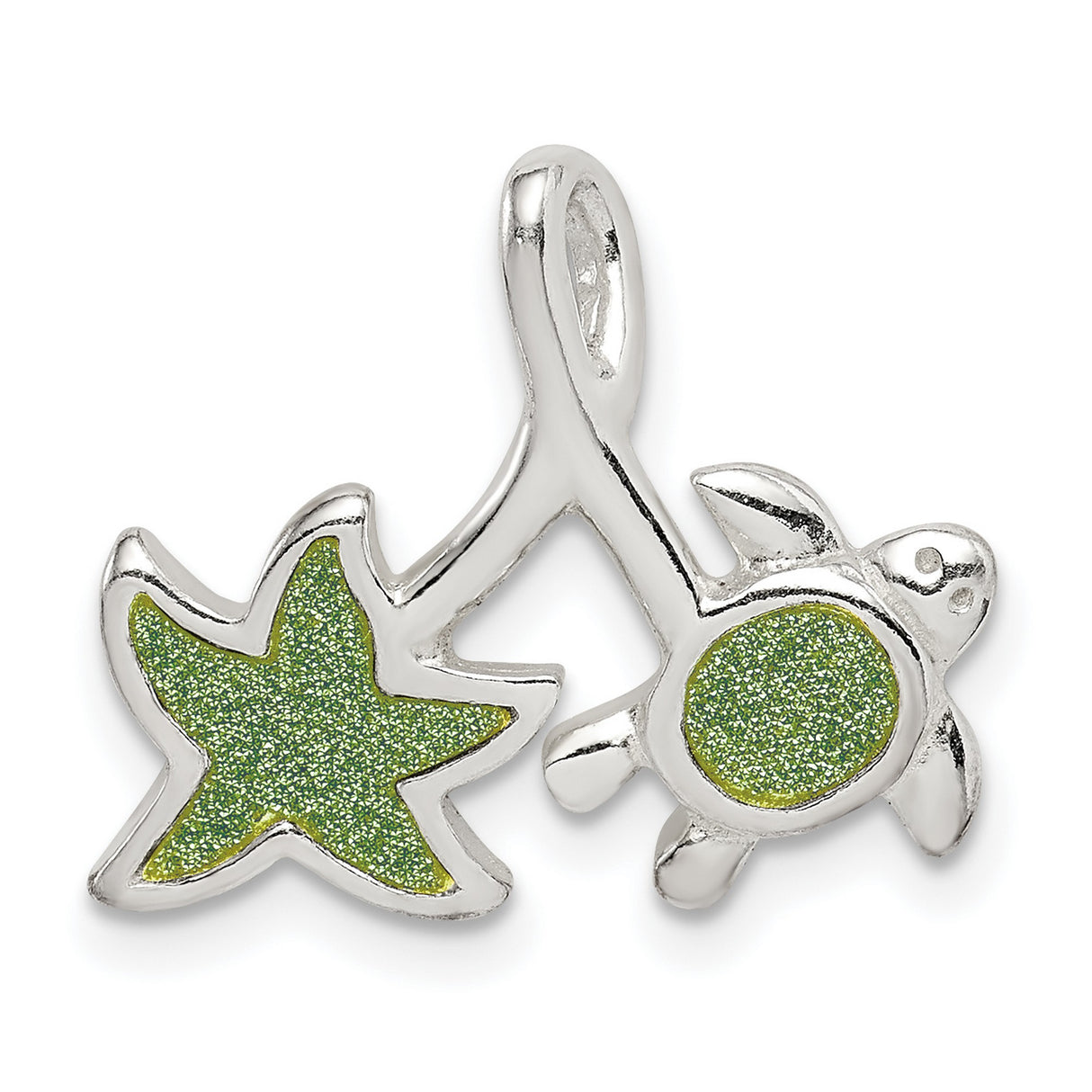 Sterling Silver Sea Turtle and Starfish Pendant with Green Glitter Enamel, Nautical Ocean Theme