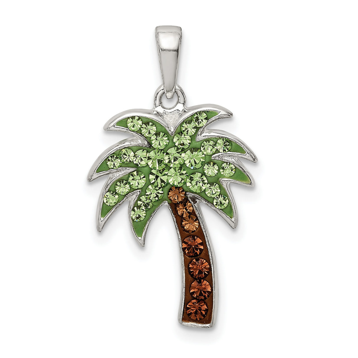 Sterling Silver Palm Tree Pendant with Green and Brown Crystals, Tropical Island Jewelry