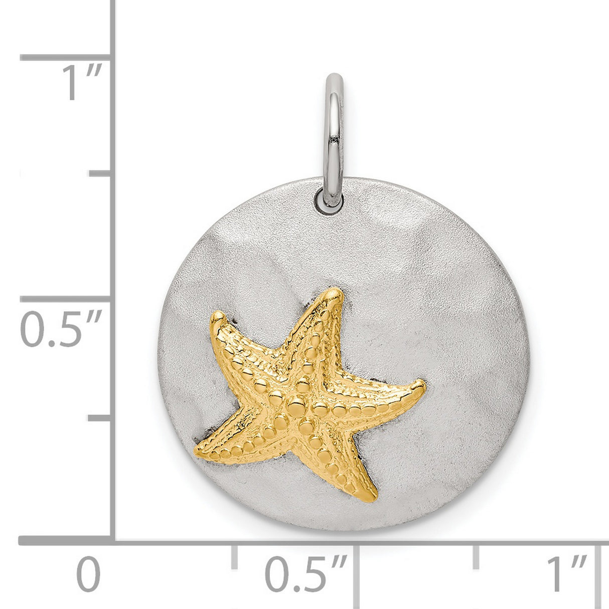 Sterling Silver Pendant with Gold-Plated Starfish on Brushed Disc, Coastal Beach Style