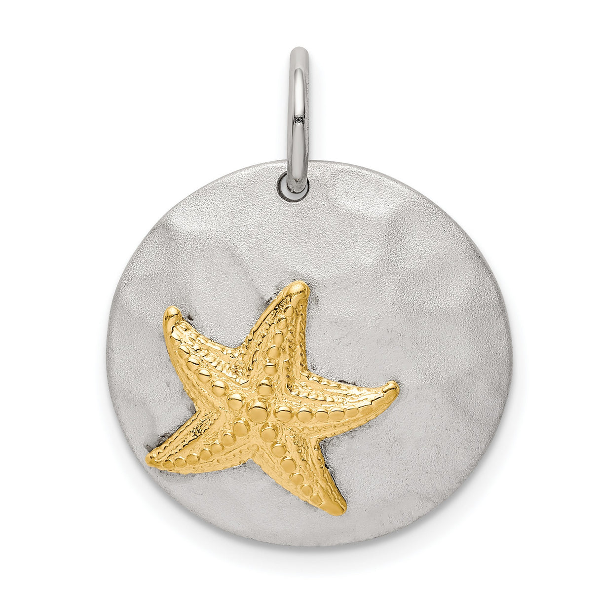 Sterling Silver Pendant with Gold-Plated Starfish on Brushed Disc, Coastal Beach Style