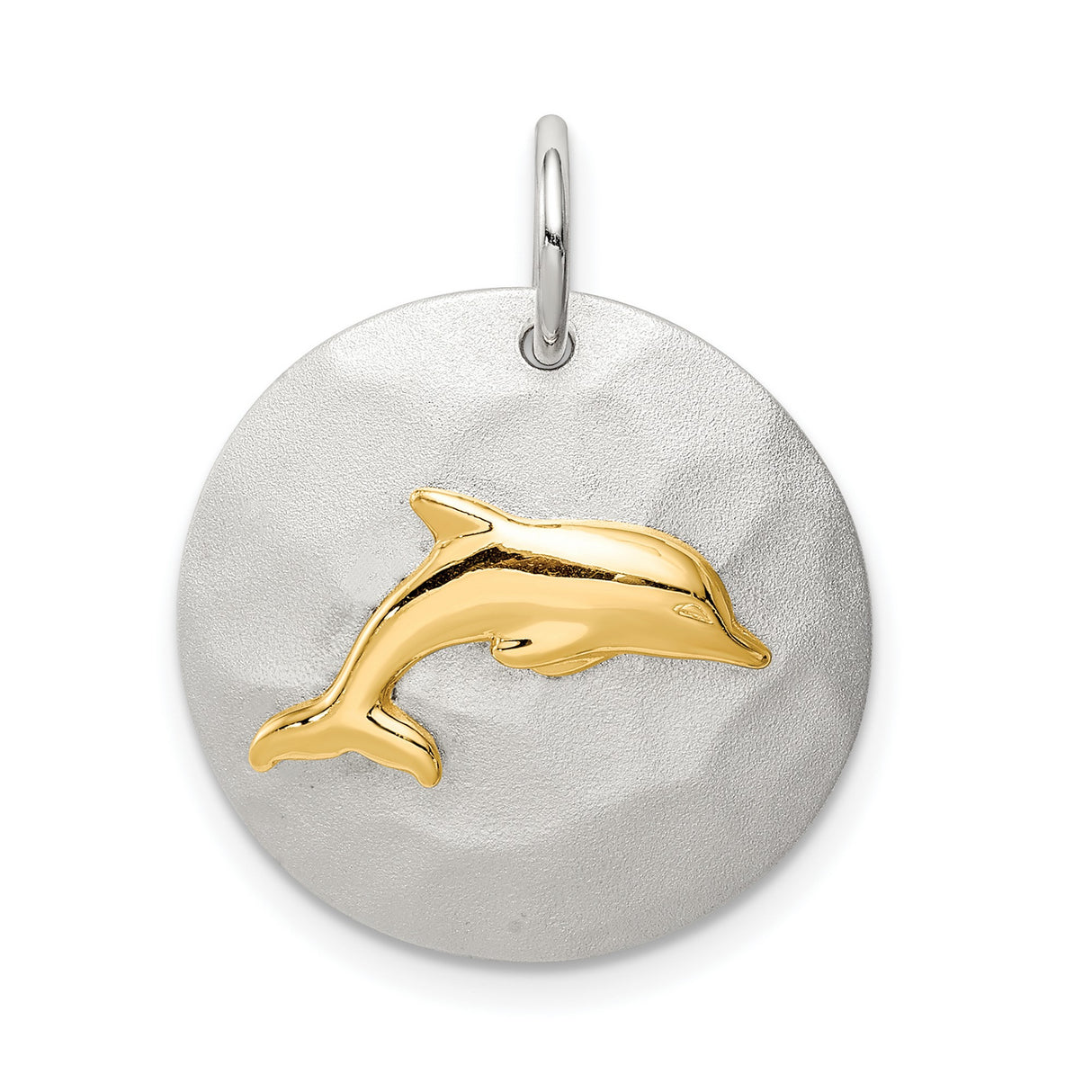 Sterling Silver Round Pendant with Raised Gold-Tone Dolphin, Nautical Ocean Theme