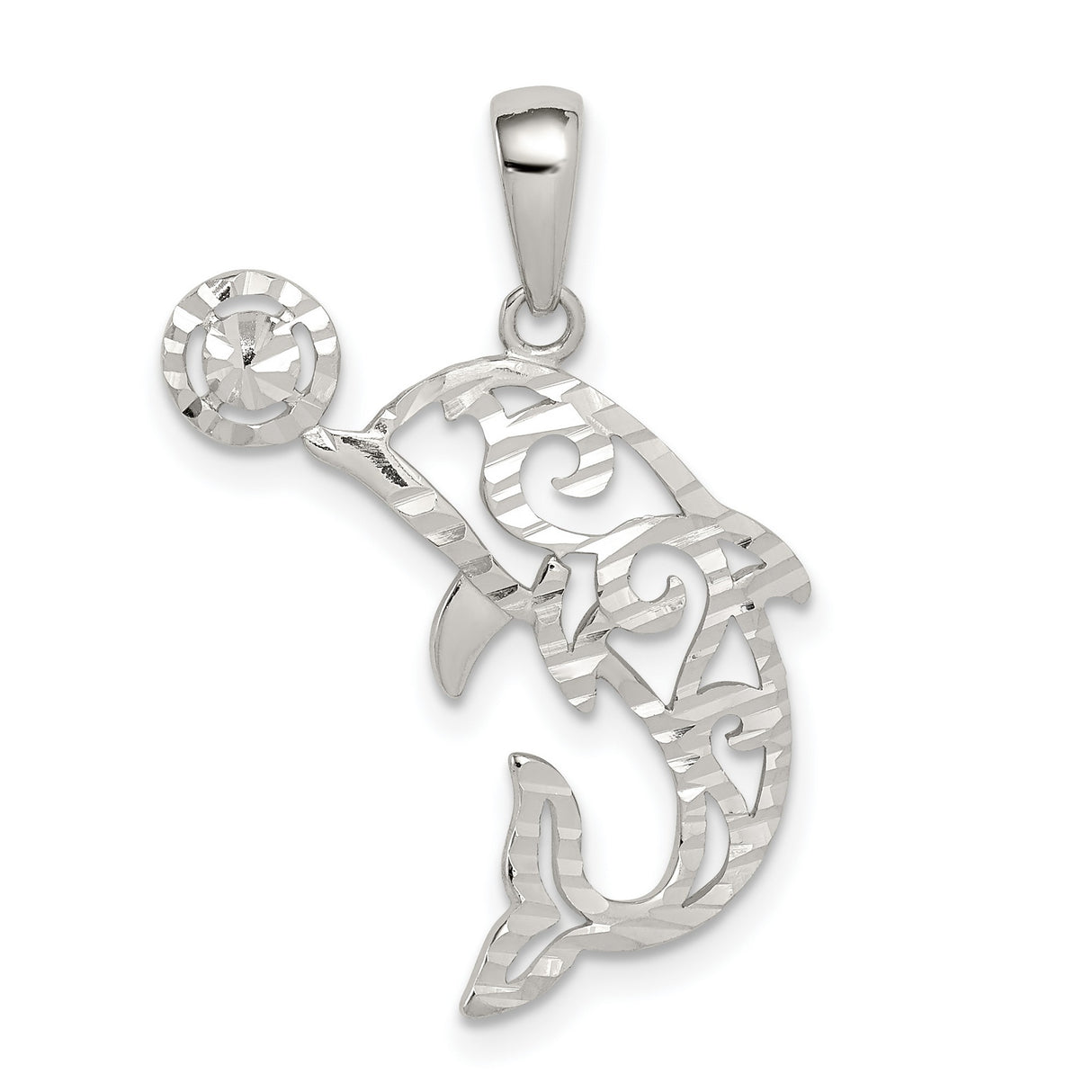 Sterling Silver Dolphin Pendant with Swirl Cut-Out Design and Ball Accent