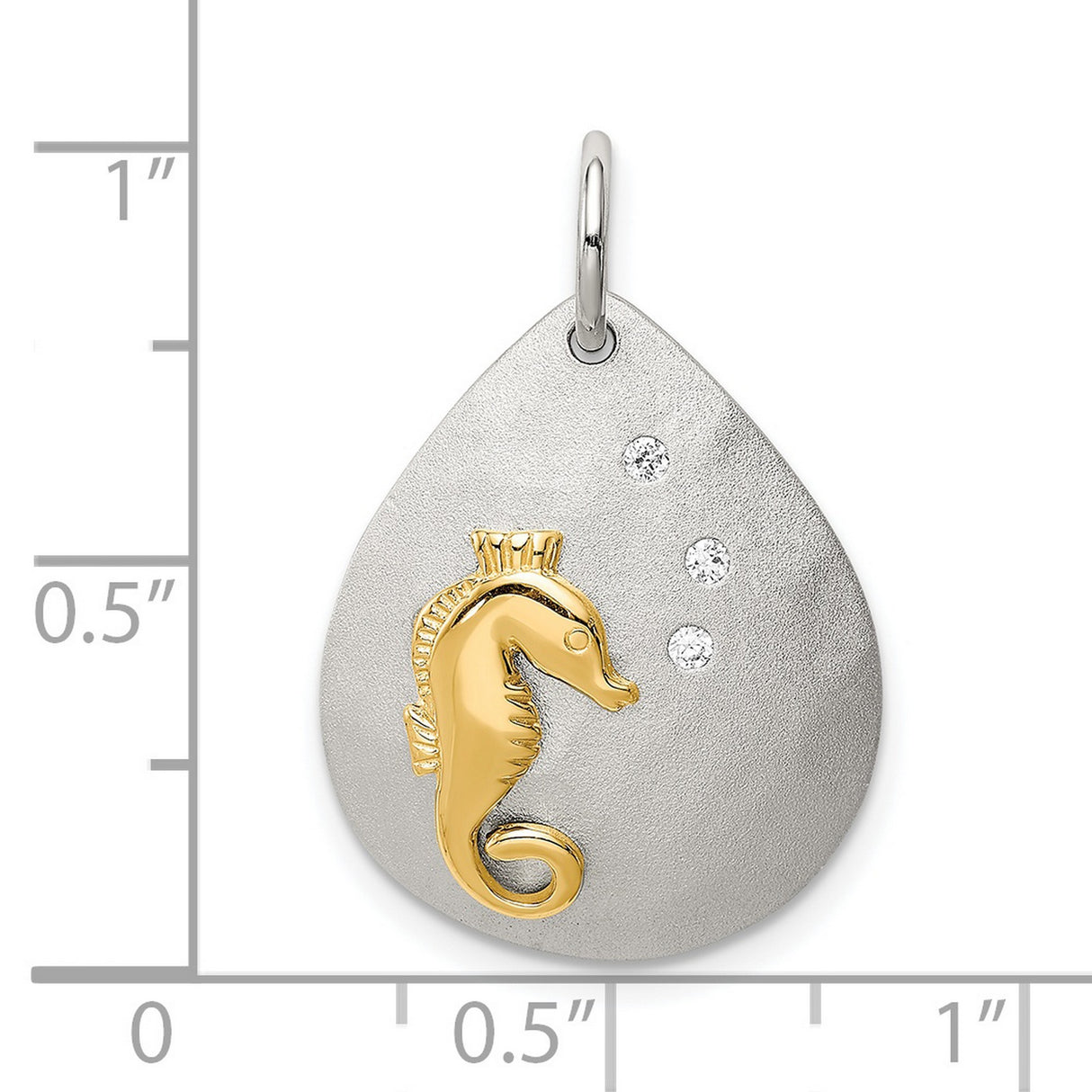 Sterling Silver Teardrop Pendant with Cubic Zirconia and Gold Tone Seahorse Design