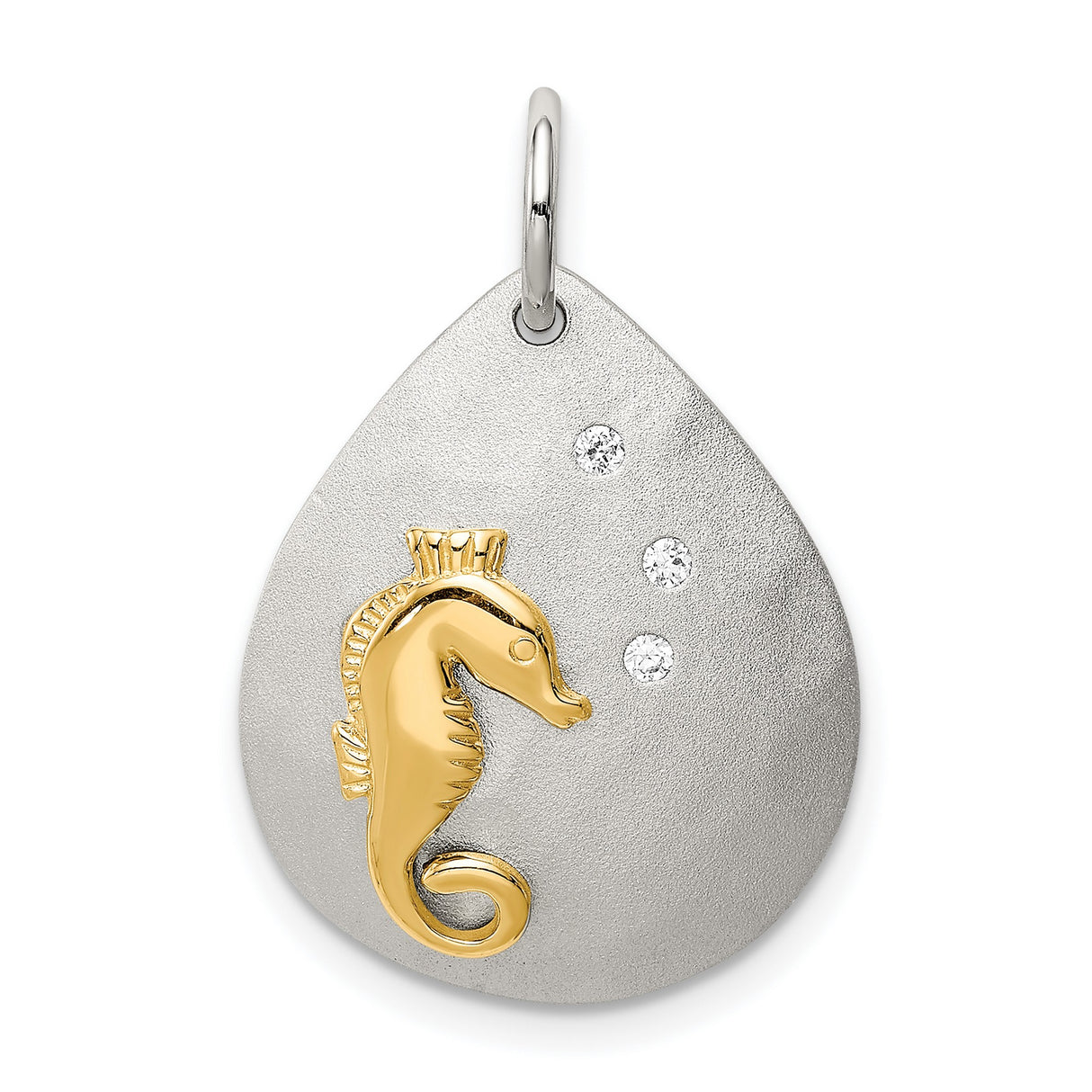Sterling Silver Teardrop Pendant with Cubic Zirconia and Gold Tone Seahorse Design