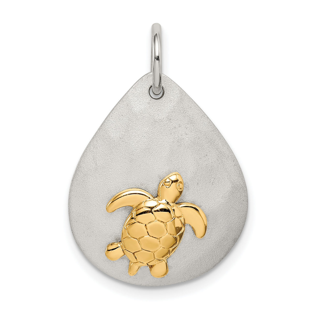 Sterling Silver Teardrop Pendant with Gold Tone Sea Turtle, Nautical Coastal Theme Jewelry
