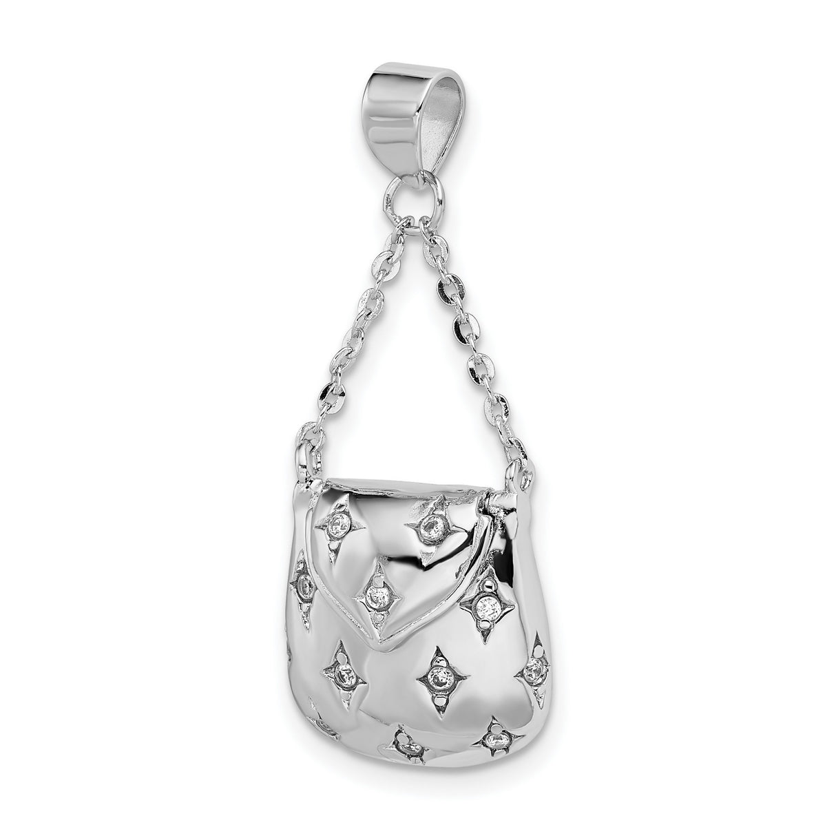 Sterling Silver Handbag Pendant with Cubic Zirconia, Purse Design and Diamond-Cut Accents