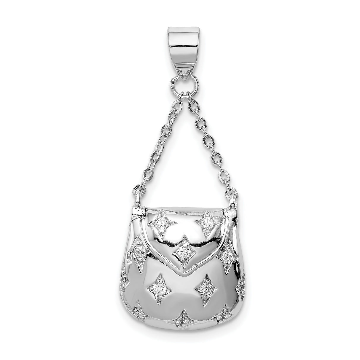 Sterling Silver Handbag Pendant with Cubic Zirconia, Purse Design and Diamond-Cut Accents