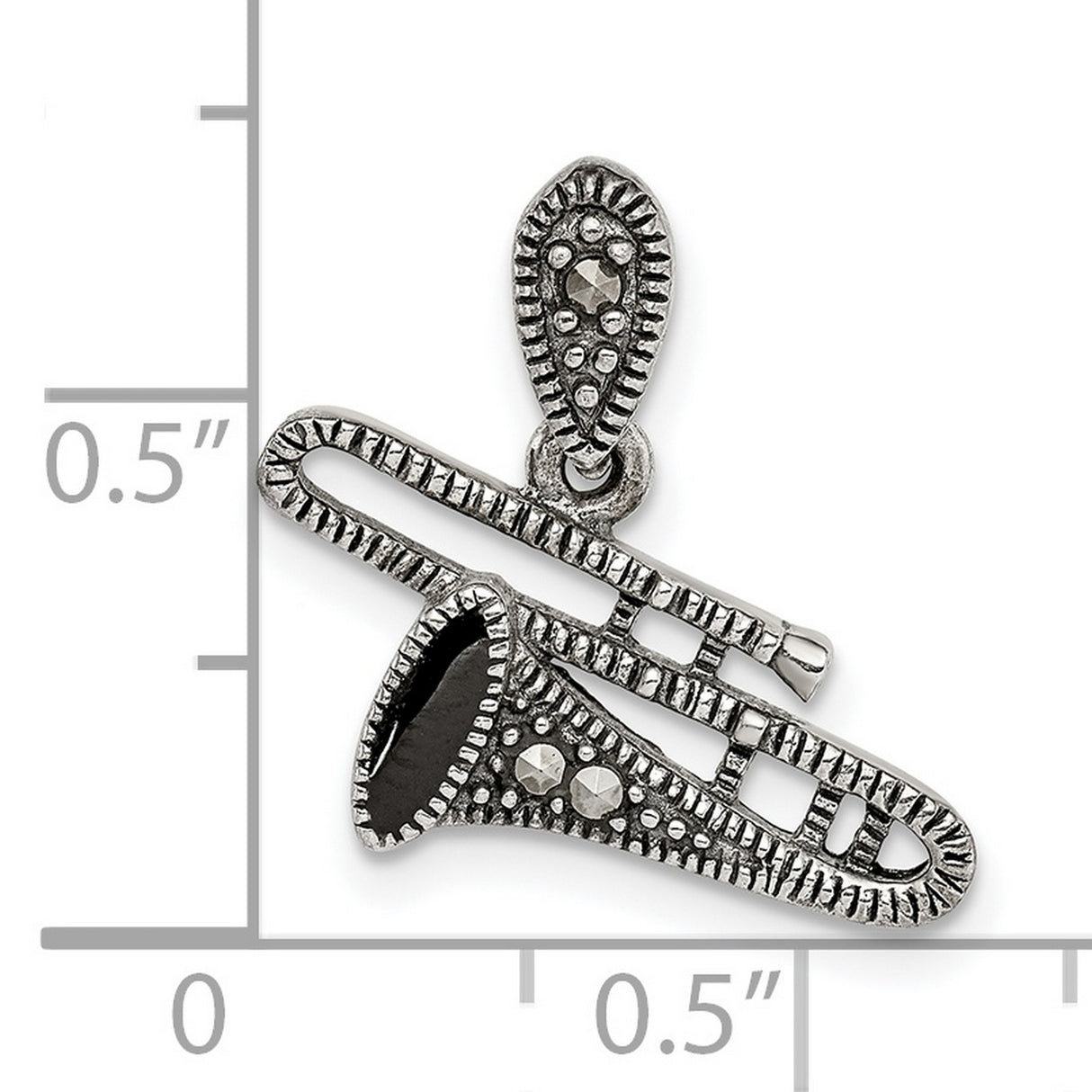 Sterling Silver Trombone Pendant with Marcasite Accents, Jazz Music Charm