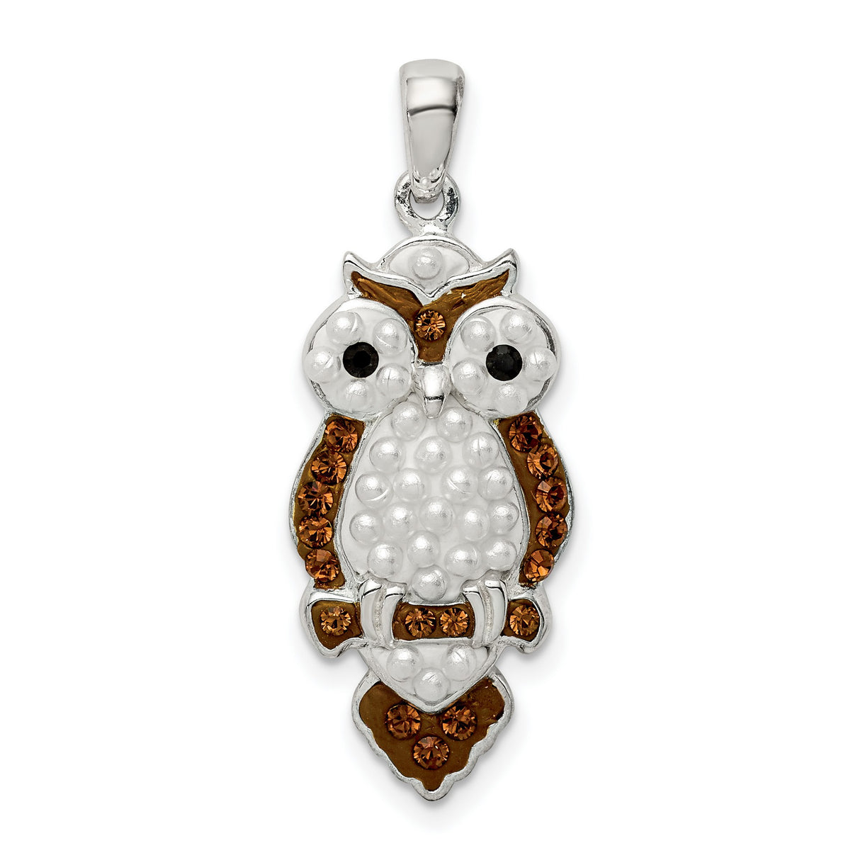 Sterling Silver Owl Pendant with Simulated Pearl and Crystal Accents, Enamel Detail, Nature Inspired