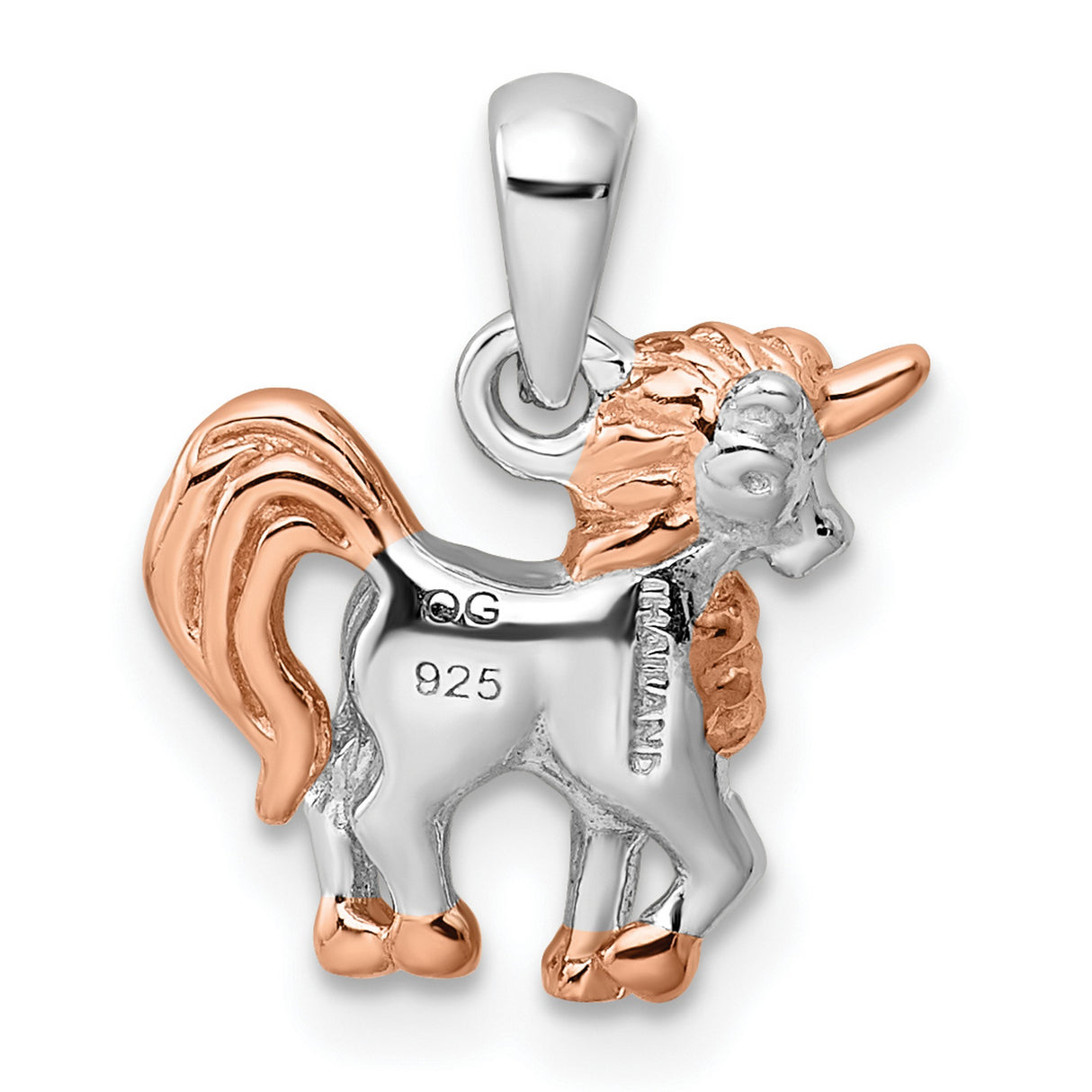 Sterling Silver Unicorn Pendant with Rose Gold Plated Mane and Horn, Whimsical Fantasy Charm