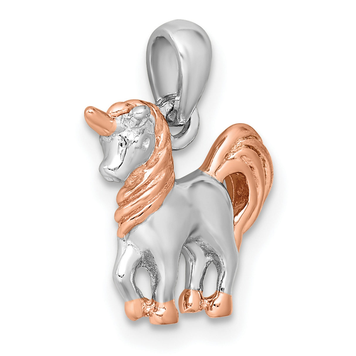Sterling Silver Unicorn Pendant with Rose Gold Plated Mane and Horn, Whimsical Fantasy Charm