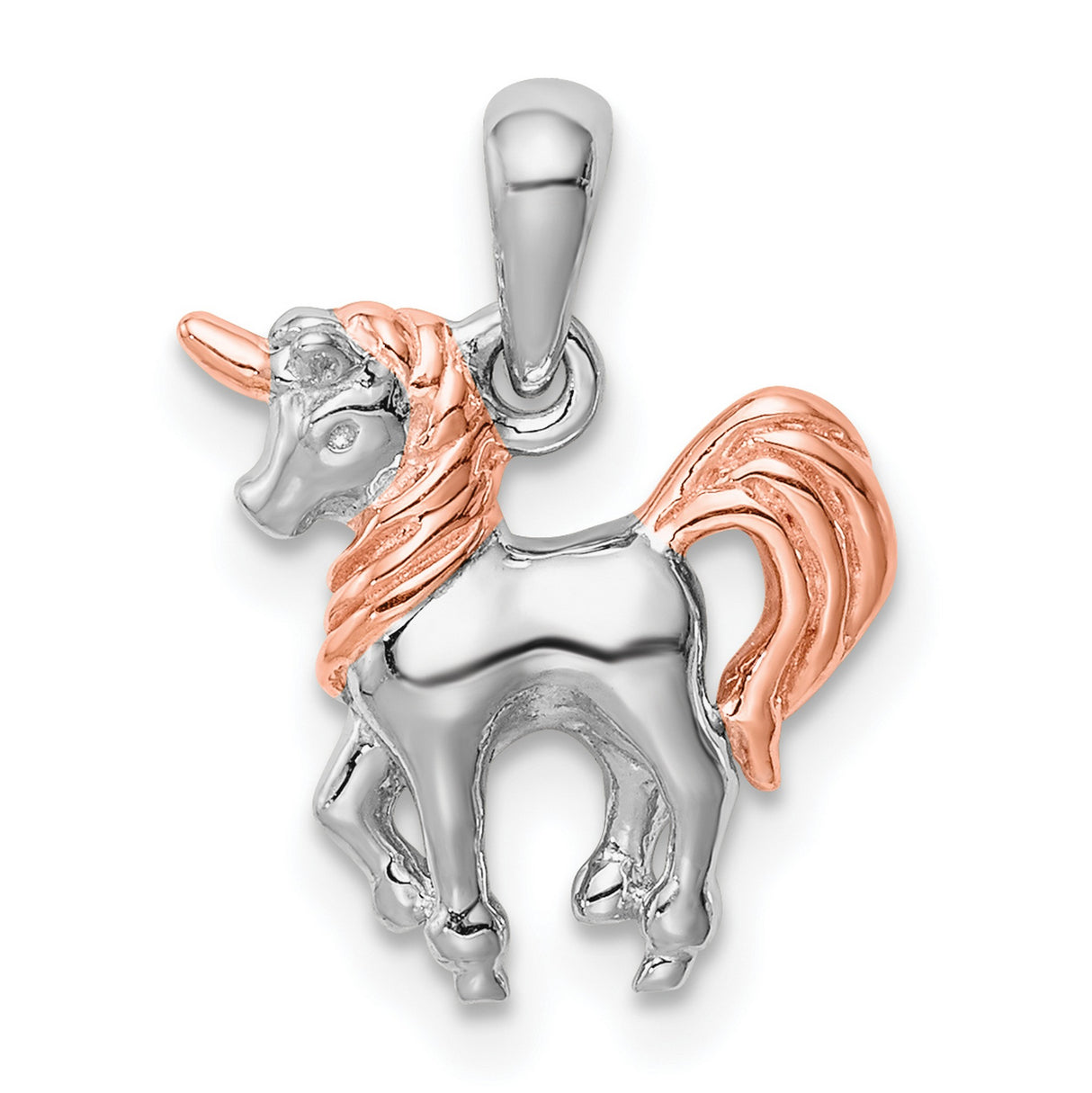 Sterling Silver Unicorn Pendant with Rose Gold Plated Mane and Horn, Whimsical Fantasy Charm