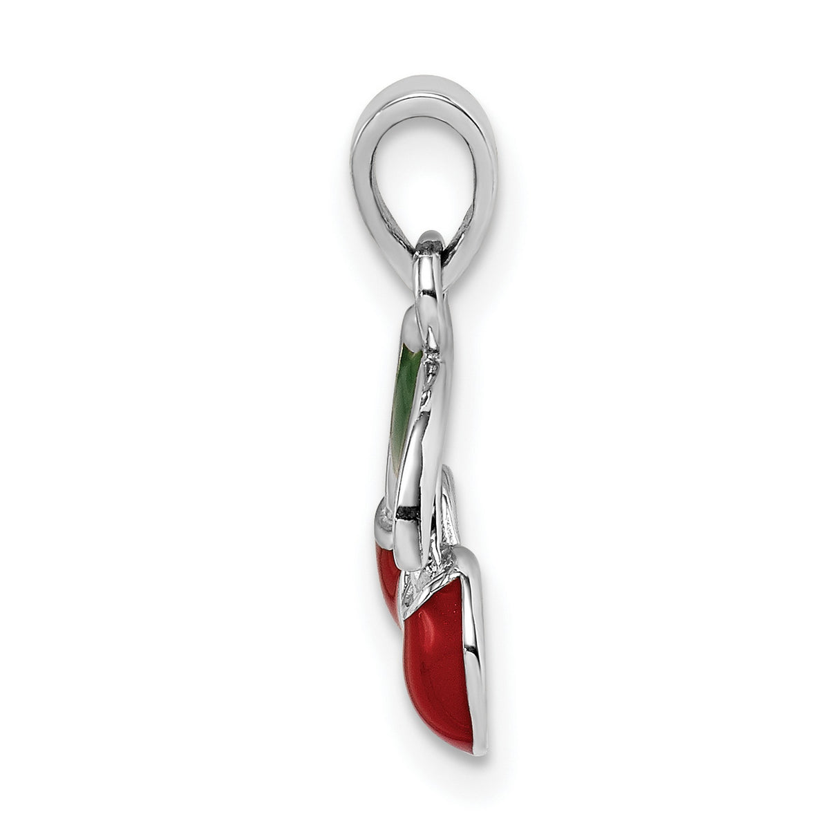 Sterling Silver Cherry Pendant with Red Enamel Cherries and Green Leaf Detail
